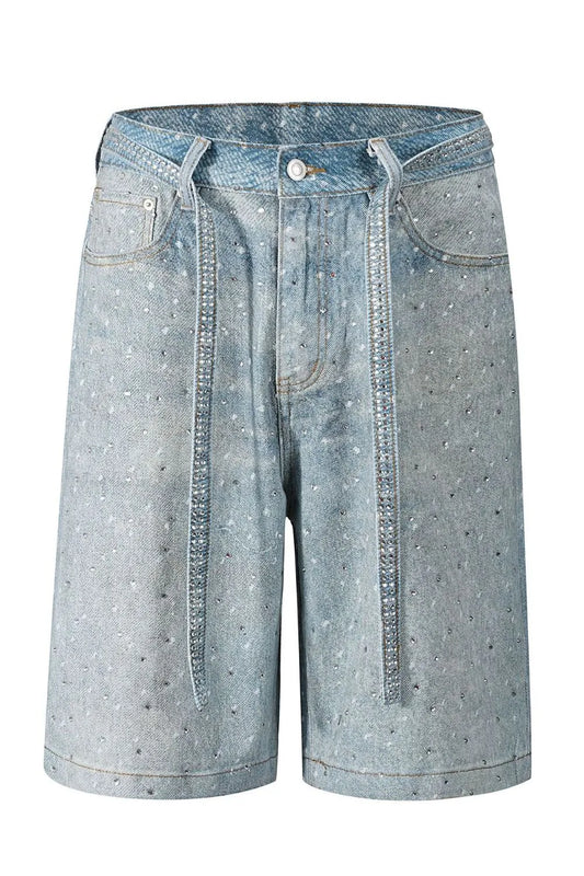 Men's Washed Rhinestone Denim Bermuda Shorts