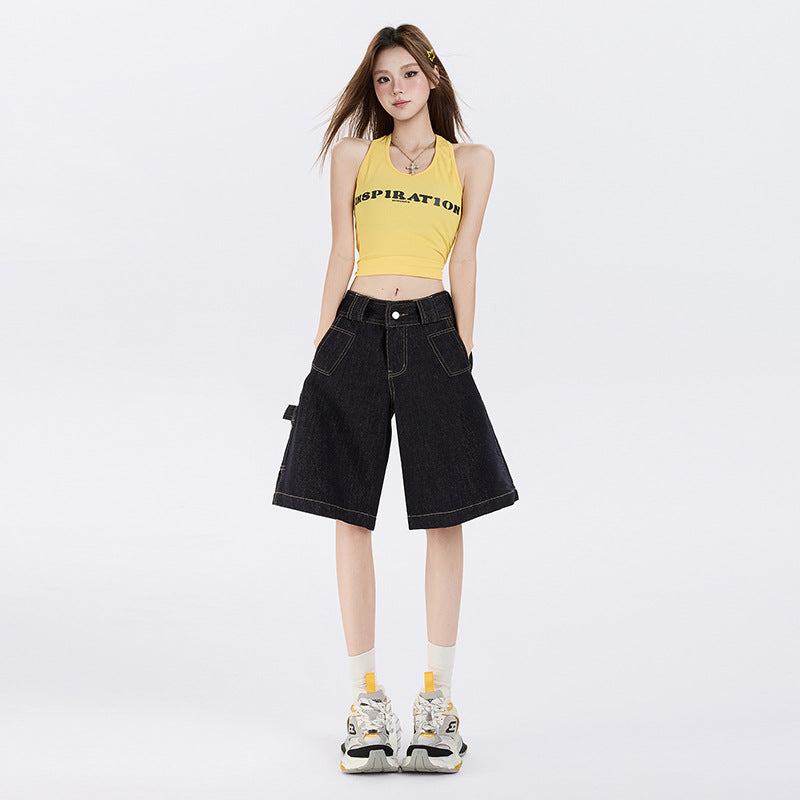 Color-Blocked Denim Pants for Women Casual Loose Straight Leg Capri Pants