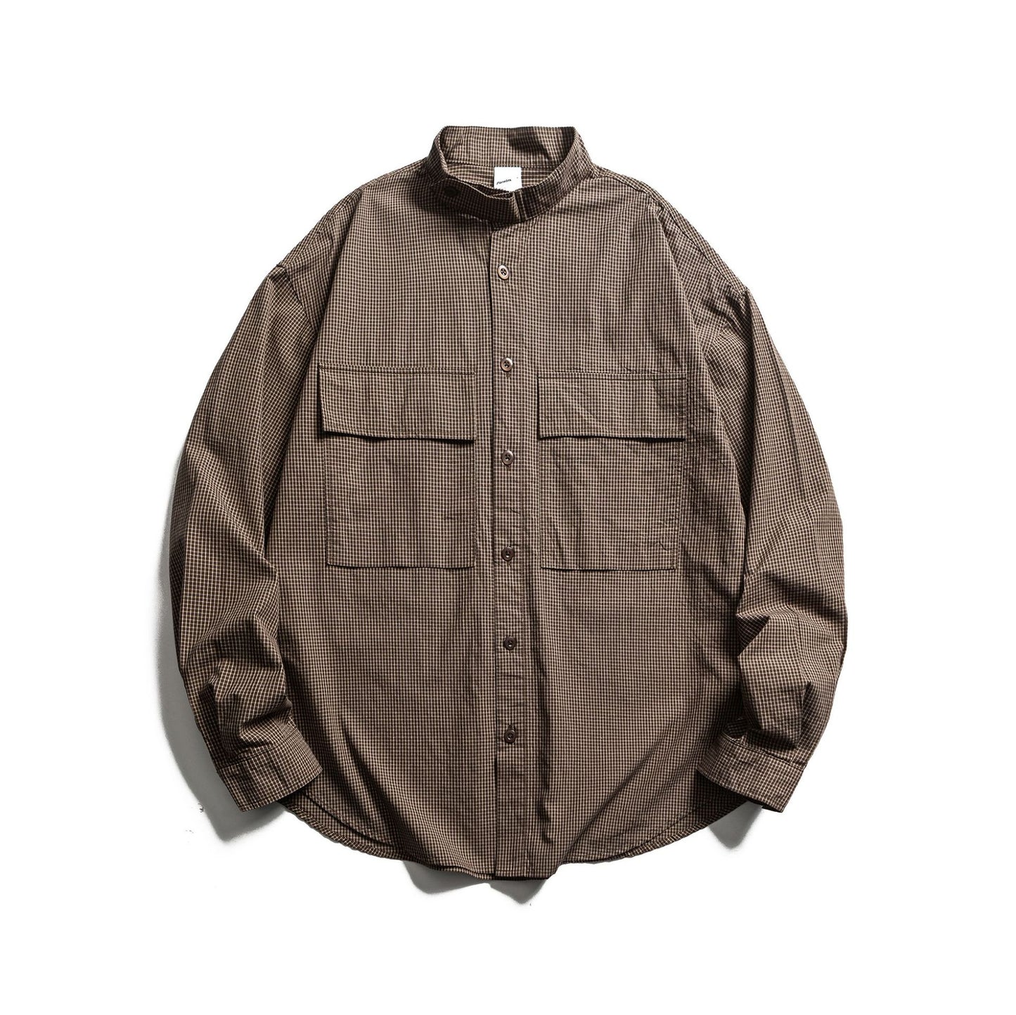 Loose Long Sleeve Shirt with Plaid Pattern and Patch Pocket