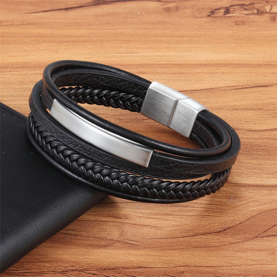 Genuine Leather Bracelet for Men - Handmade Multilayer Magnet Charm