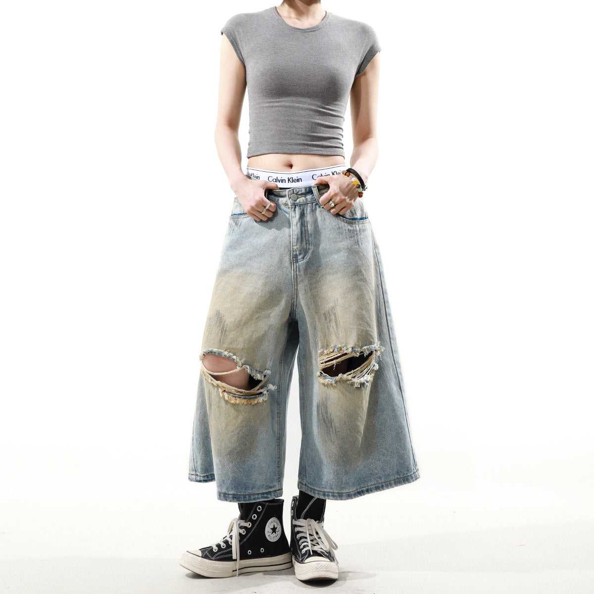 Hiphop Washed Ripped Design Loose Cropped Pants