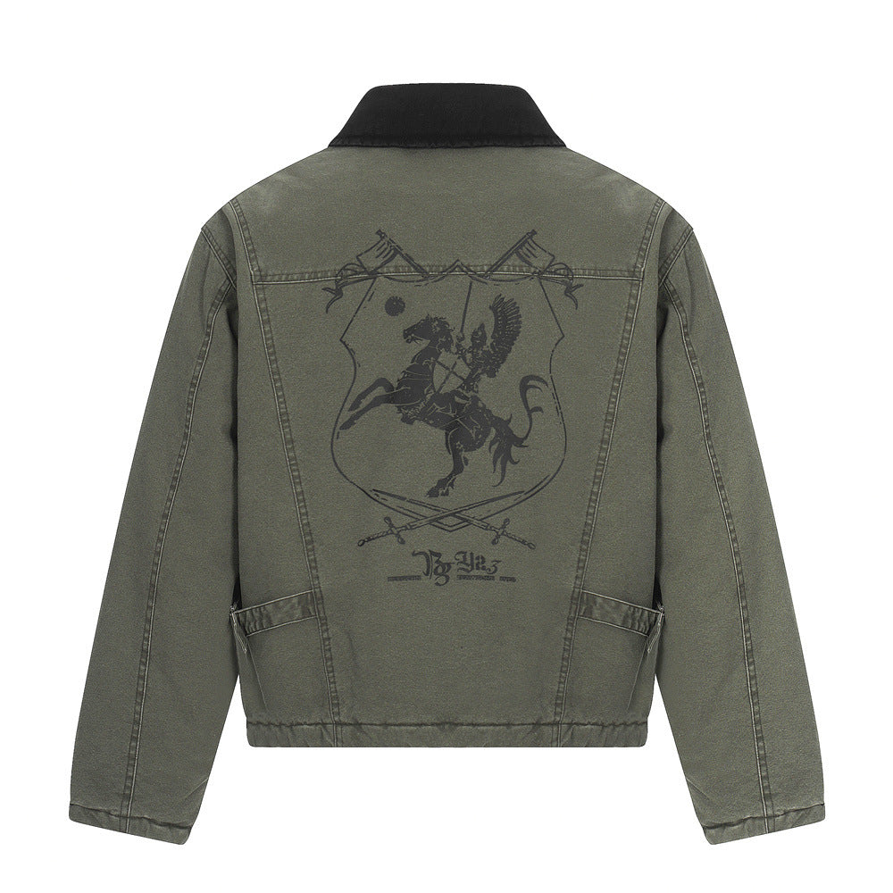 Men's Streetwear Cotton Coat, Turn-Down Collar, Distressed Patchwork Design