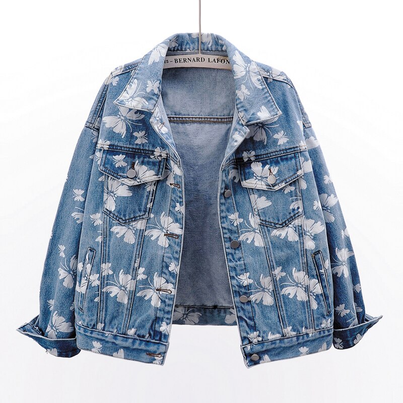 Women's Blue Butterfly Print Denim Jacket - Casual Loose-Fit Short Coat