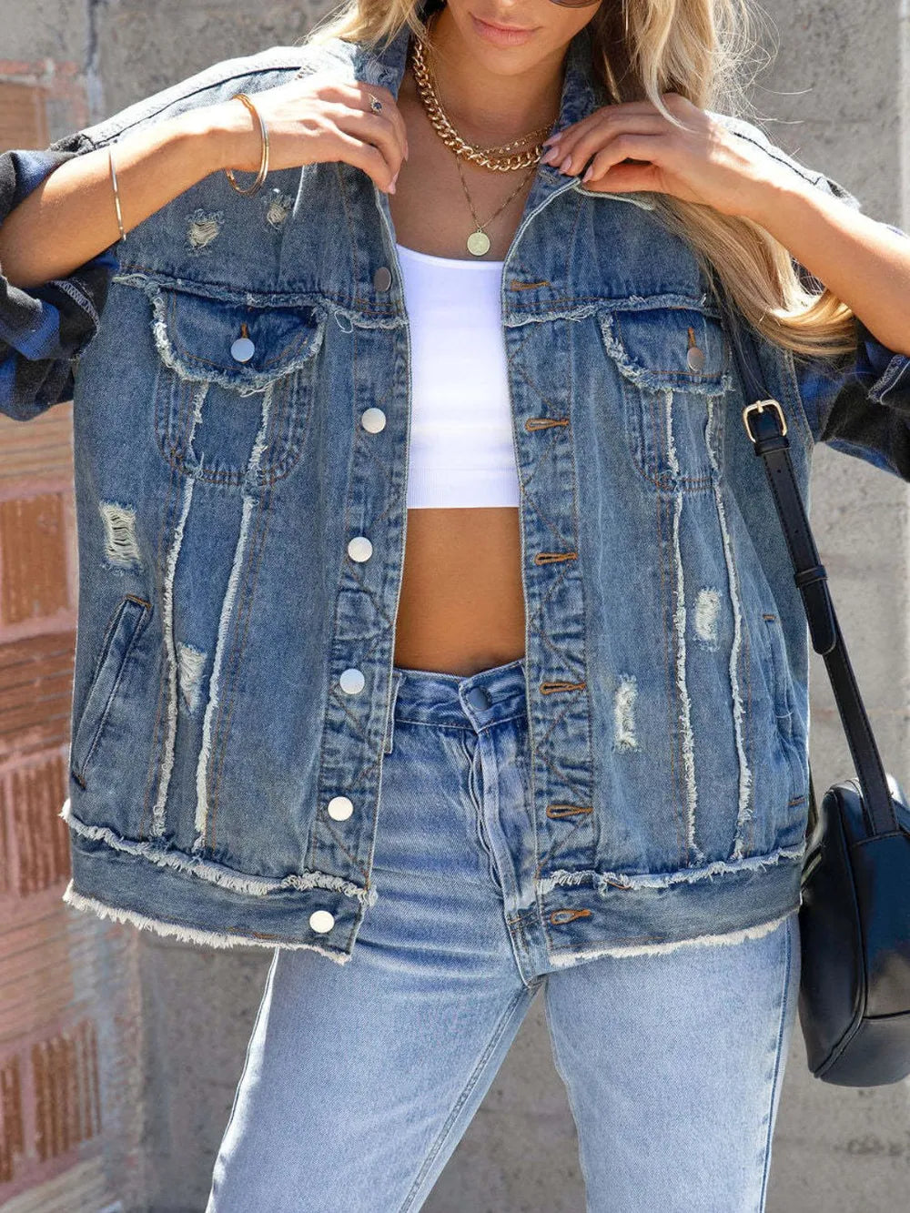 Fringed Denim Plaid Jacket