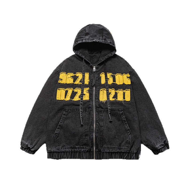 Men's Washed Denim Jacket -  Hooded Design with Patch Embroidery