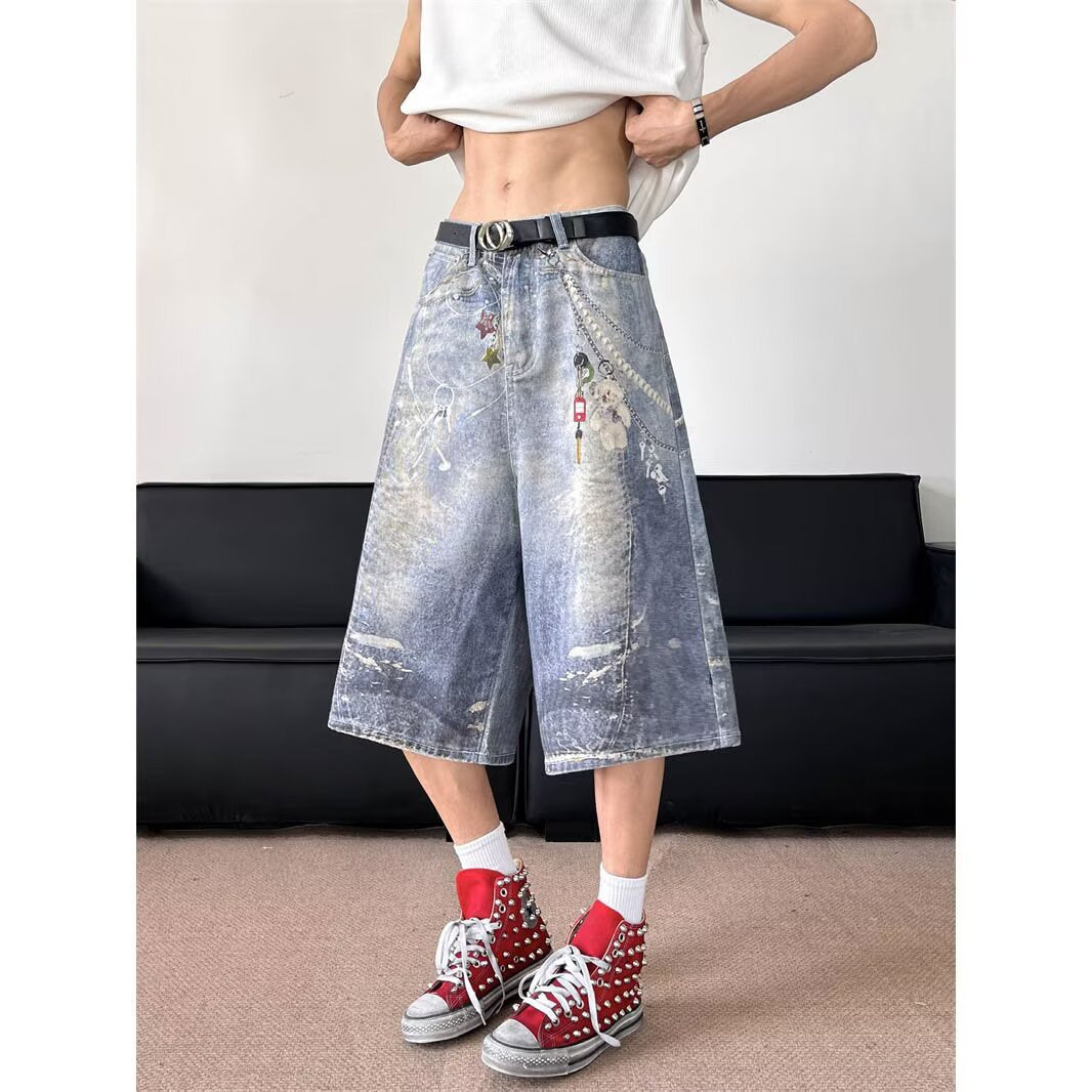 Full Print Hanging Decoration Wide Leg Denim Shorts