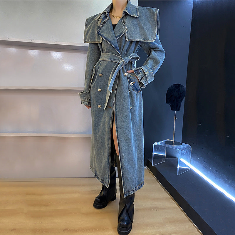 Plus Size Long Blue Denim Trench Coat for Women
