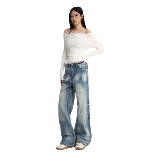 Washed Blue Bamboo Texture Flared Denim Pants - Unisex Commuter Wide Leg