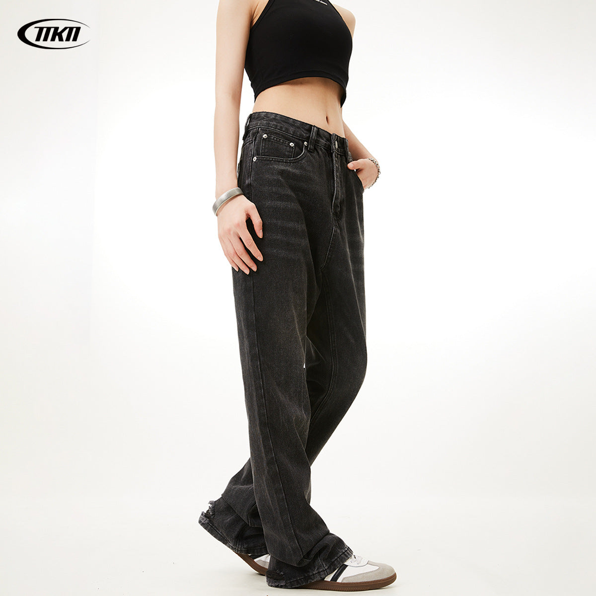 Black and Gray Flared Denim Pants for Men and Women - Slim Fit, Loose Tapered, Washed Dark Casual Long Pants