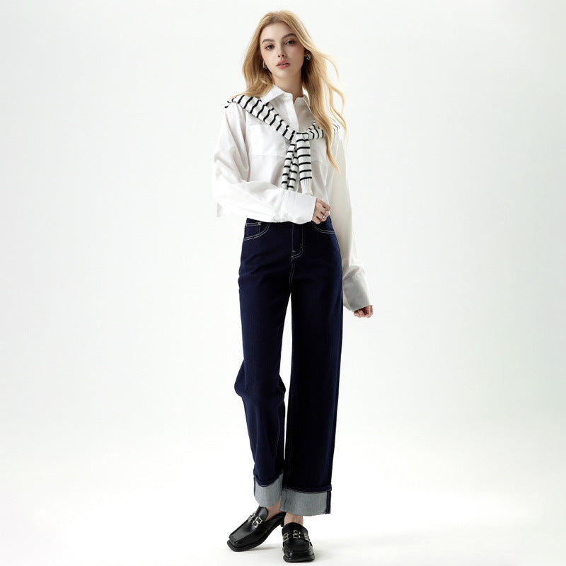 Women's Blue Wide-leg High-waisted Slimming Straight Leg Nine-point Jeans