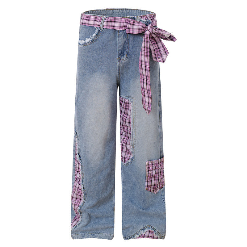 Plaid Denim Pants for Women - Loose Straight Wide-Leg Trousers