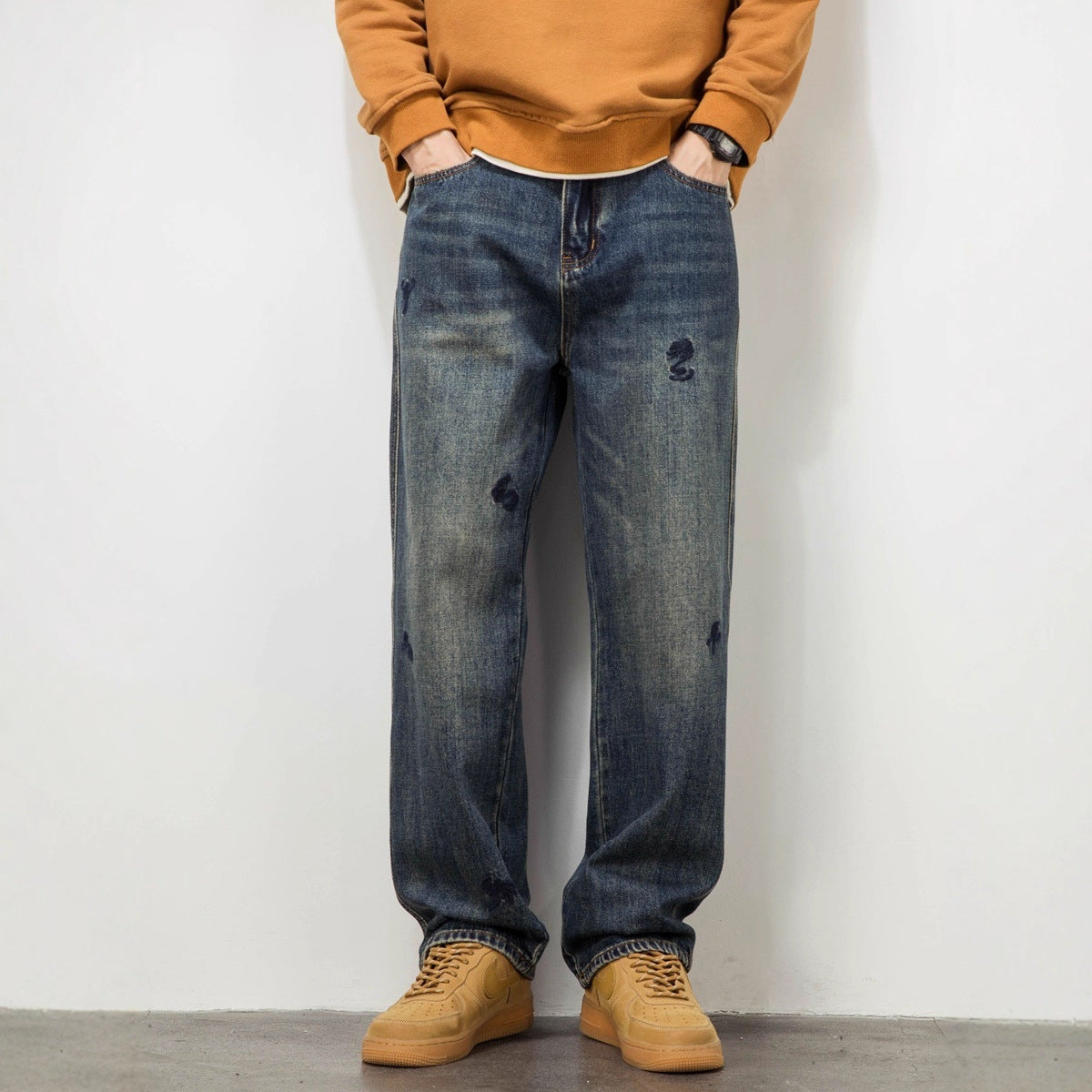 Embroidered Denim Pants - Straight Loose Casual Vintage Style Thickened