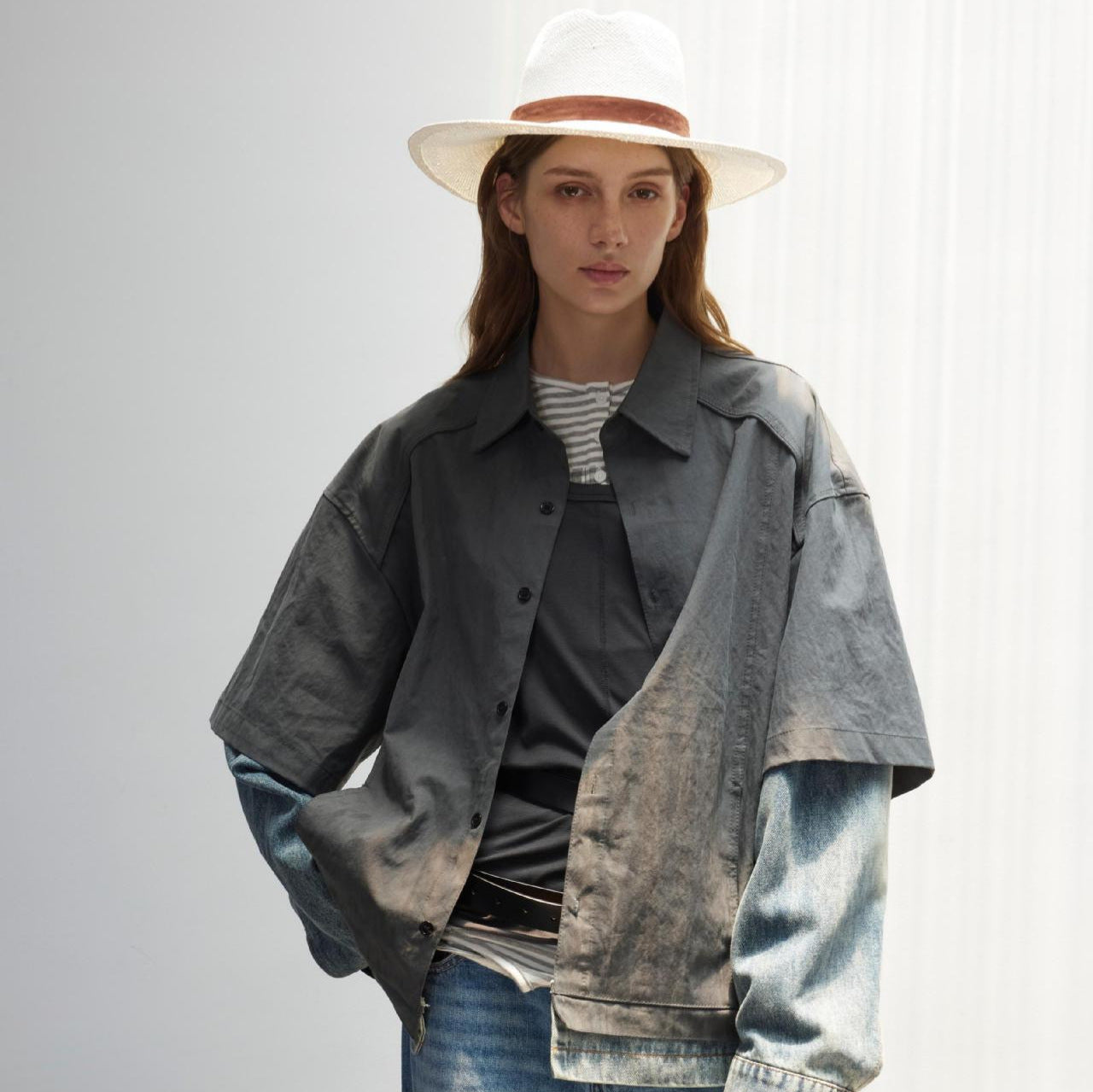 Spliced Faux Two Denim Shirts with Retro Loose Fit