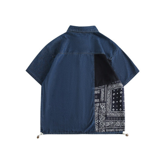 Washed Denim Shirt with Cashew Flower Splicing