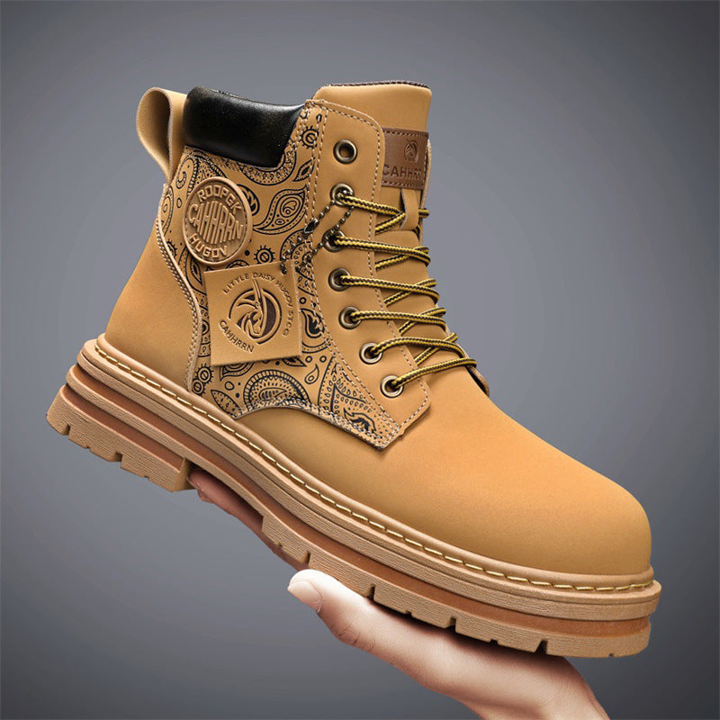 Men's High Top Martin Boots for Autumn and Winter - Outdoor Casual Workwear Shoes - Retro Frosted Surface Thick Soled Yellow Boots