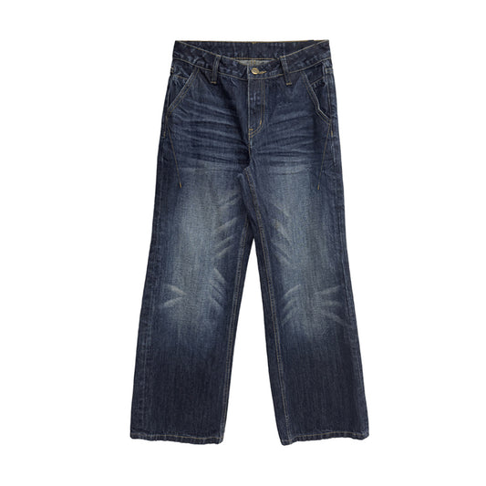Design Sense Topstitching Wide Leg Jeans - Women's Retro High Street Versatile Pants