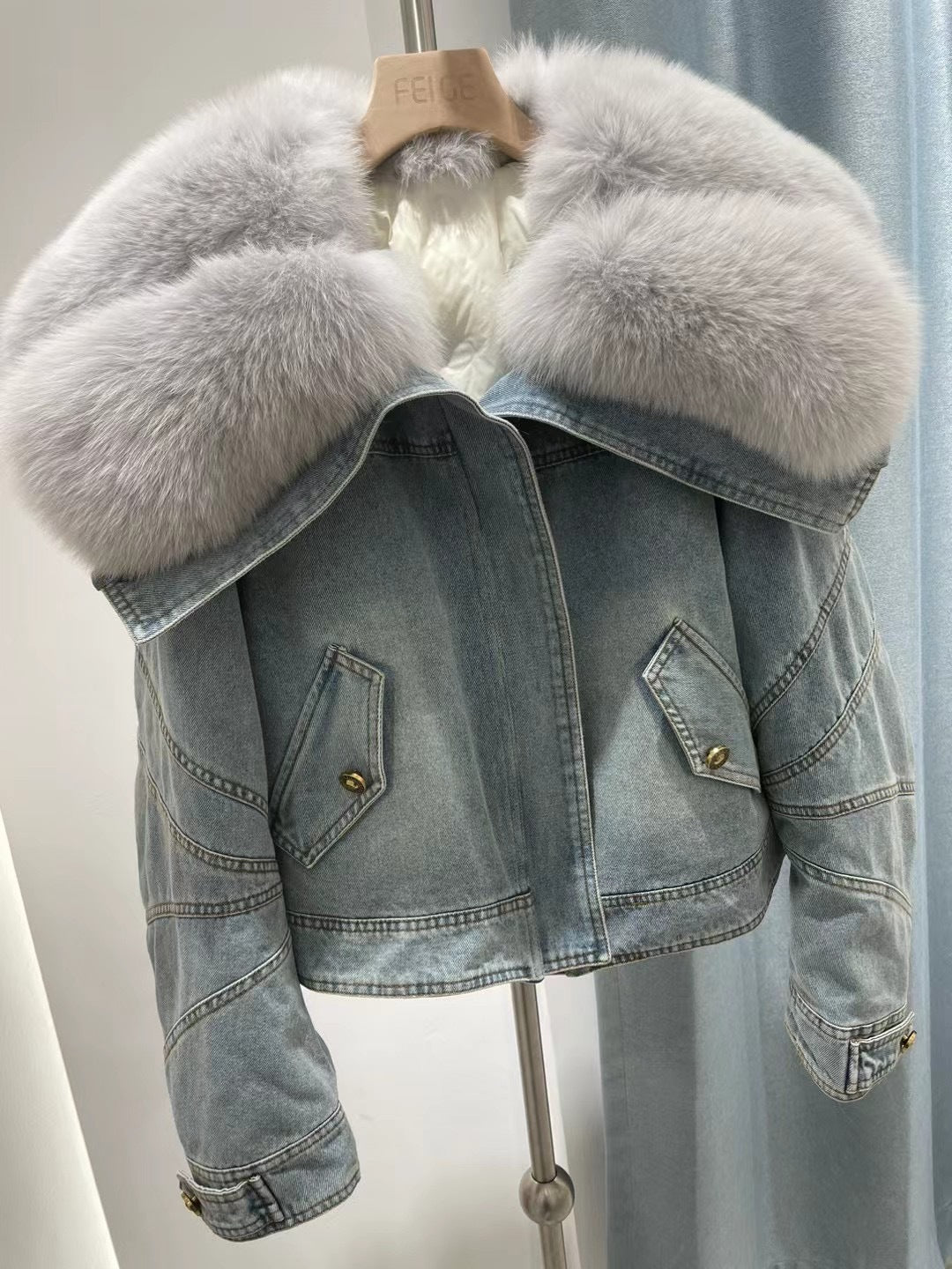 Women's Blue Patchwork Faux Fur Denim Jacket