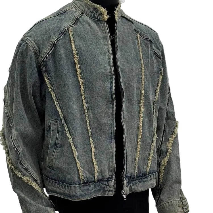 Retro Deconstructed Fringed Washed Denim Jacket