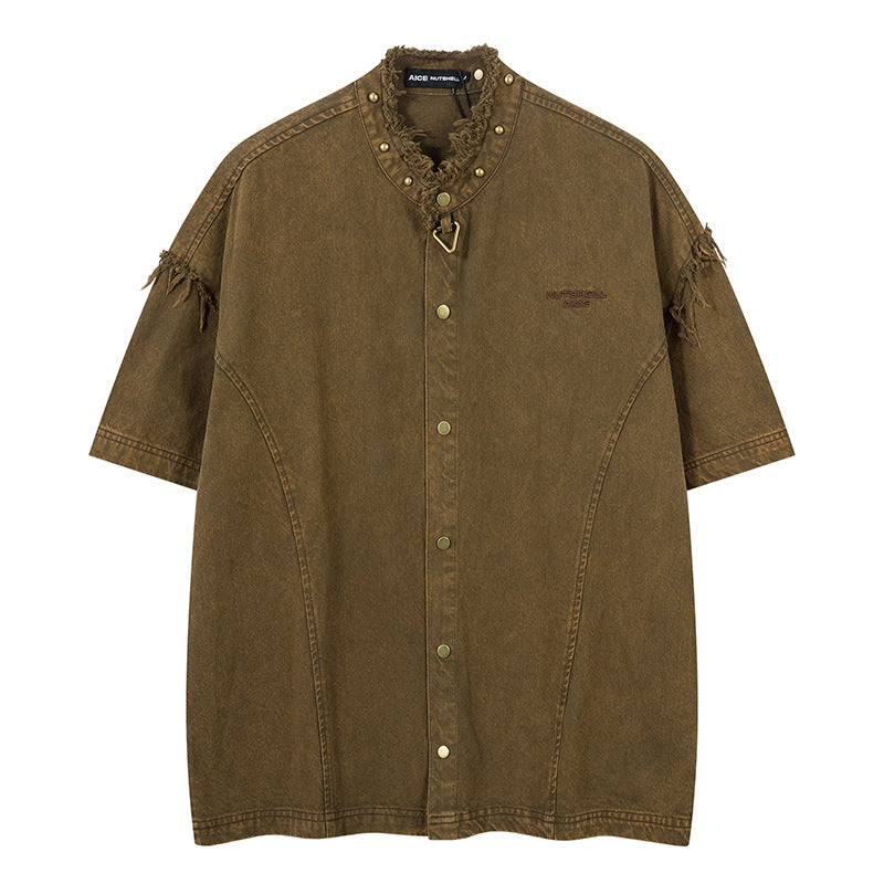 Vintage Short Sleeve Men's American Loose Fit Denim Shirt