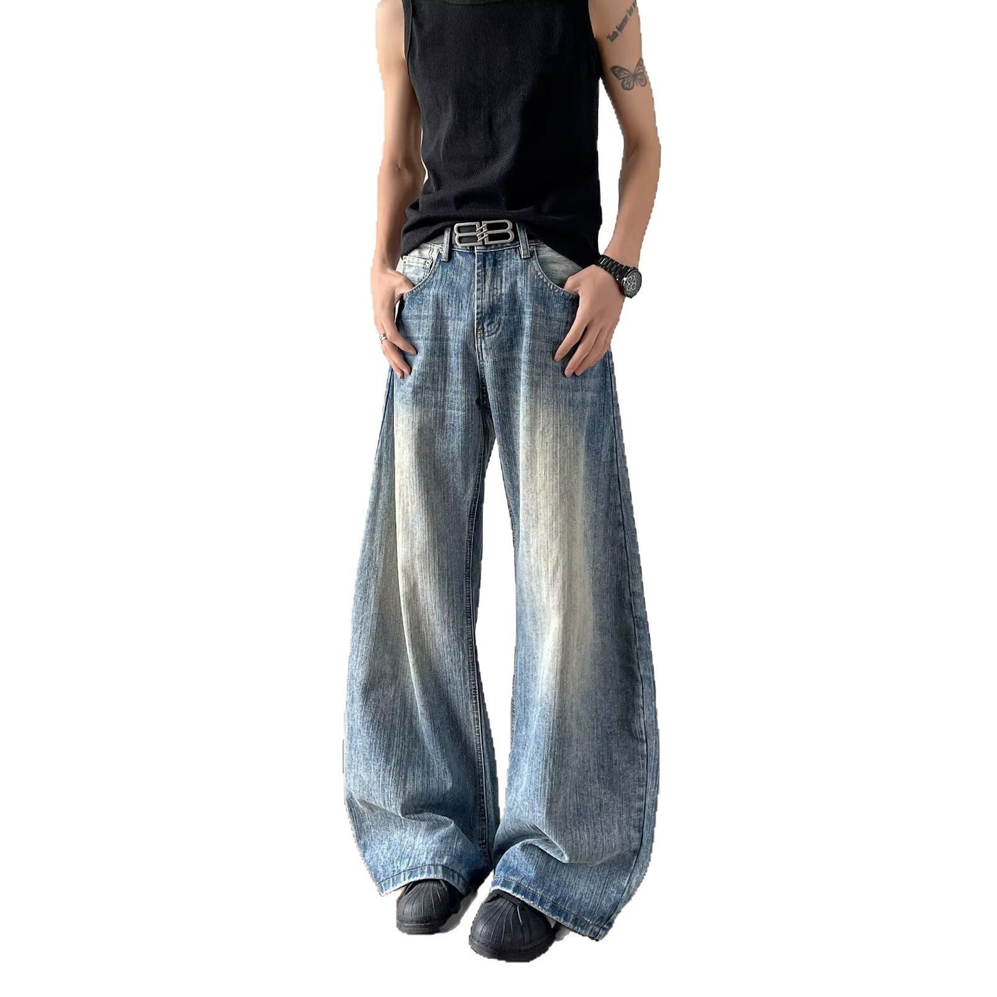 Bamboo Patterned Curved Knife Jeans - Loose Retro Washed Silhouette