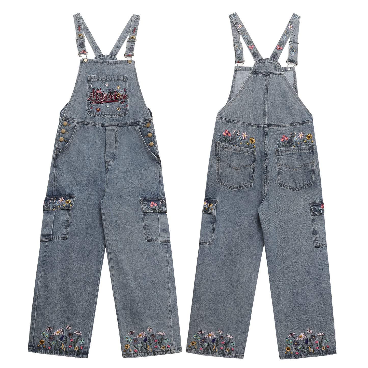 Washed Floral Letter Embroidery Denim Overalls Unisex High Street Retro Loose Jumpsuit