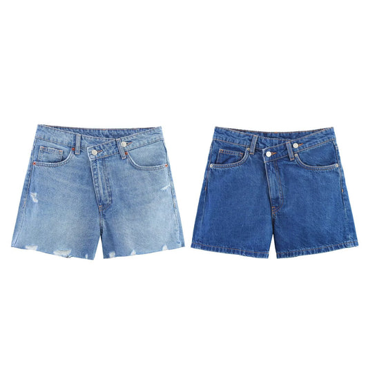 Cross-Waisted A-Line Denim Straight Shorts for Women
