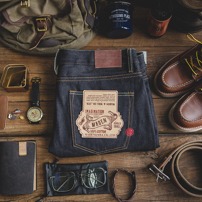 Men's Selvedge Denim Jeans with Zipper and Long Pants