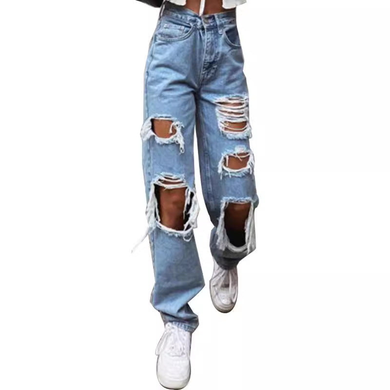 Women’s Wide-Leg Thin Jeans with Distressed Details