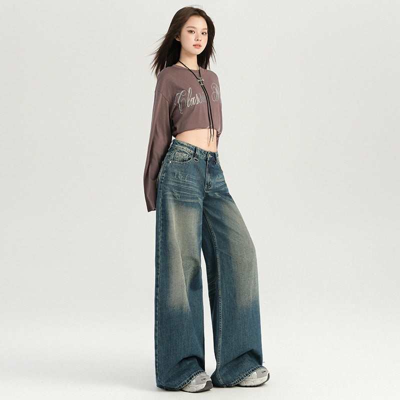 Women's Heavy Wash Denim Pants Loose Wide Leg Trousers - Retro Lazy Fit