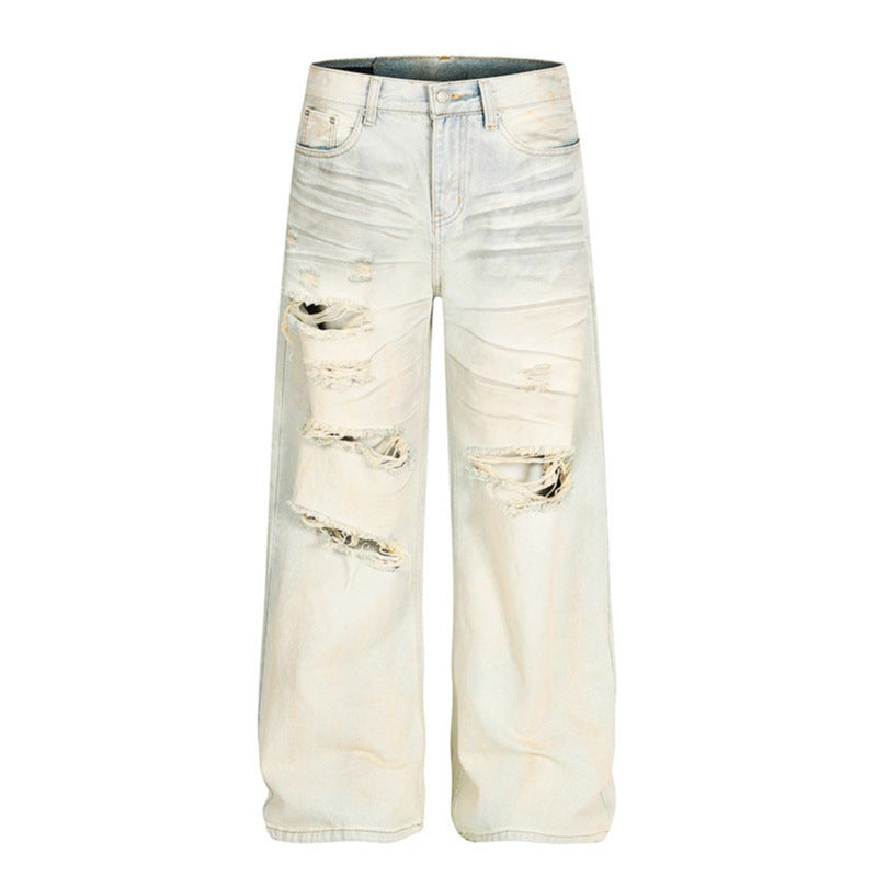 Dirty Dyed Ripped Denim Jeans - Mid Waist, Loose Fit