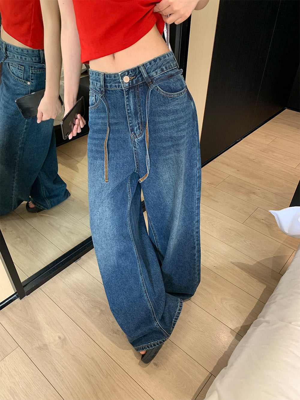 Adjustable Drawstring Wide Leg Denim Pants for Women - Casual Loose Fit Trousers