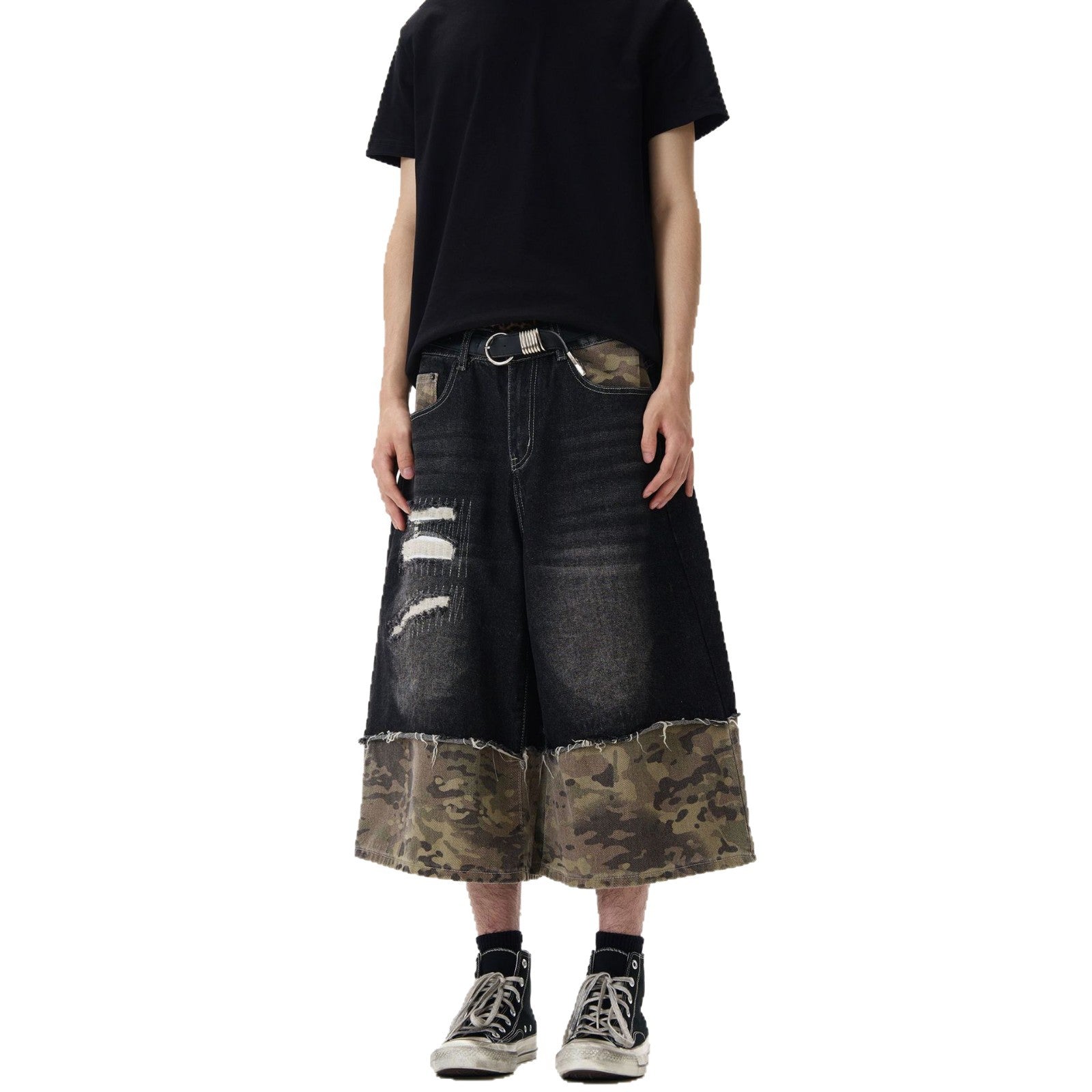 Black Denim Wide Leg Straight Leg Pants - 7 Inch