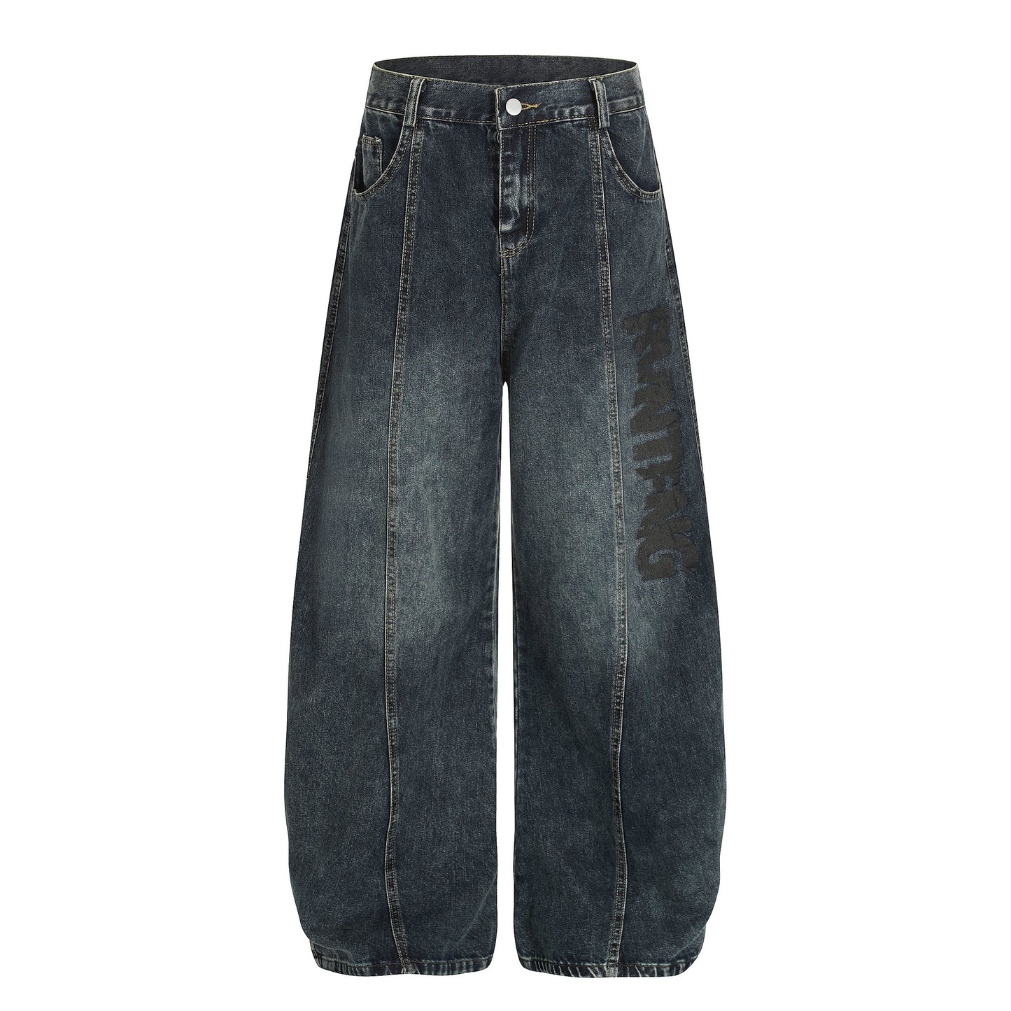 Tapered Denim Long Pants with Washed Print in Street Style