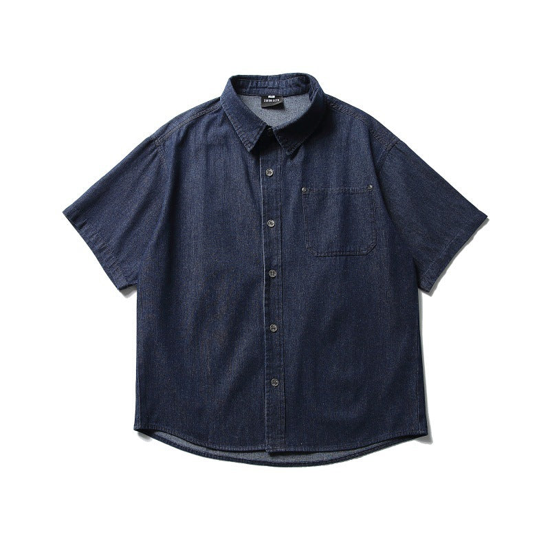 Loose-Fitting Denim Short-Sleeved Shirt with Patch Pocket Design