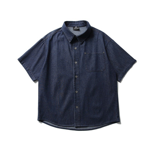 Loose-Fitting Denim Short-Sleeved Shirt with Patch Pocket Design