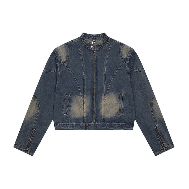 Washed Tie-Dye Stand-Up Collar Denim Jacket