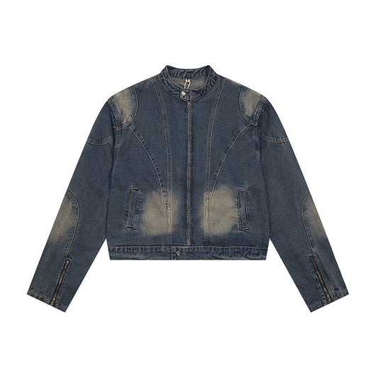 Washed Tie-Dye Stand-Up Collar Denim Jacket