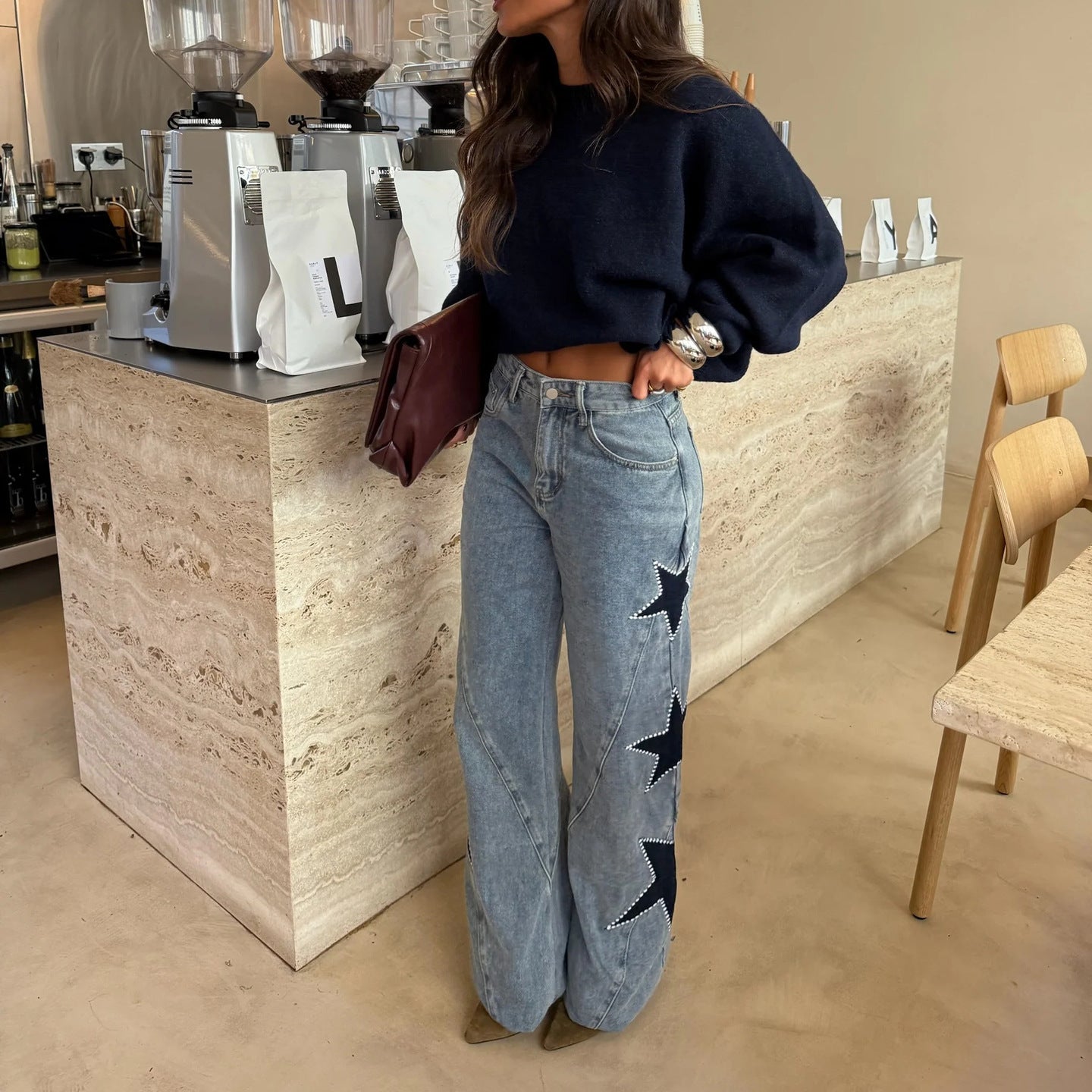 Five Pointed Star Loose Straight Denim Pants