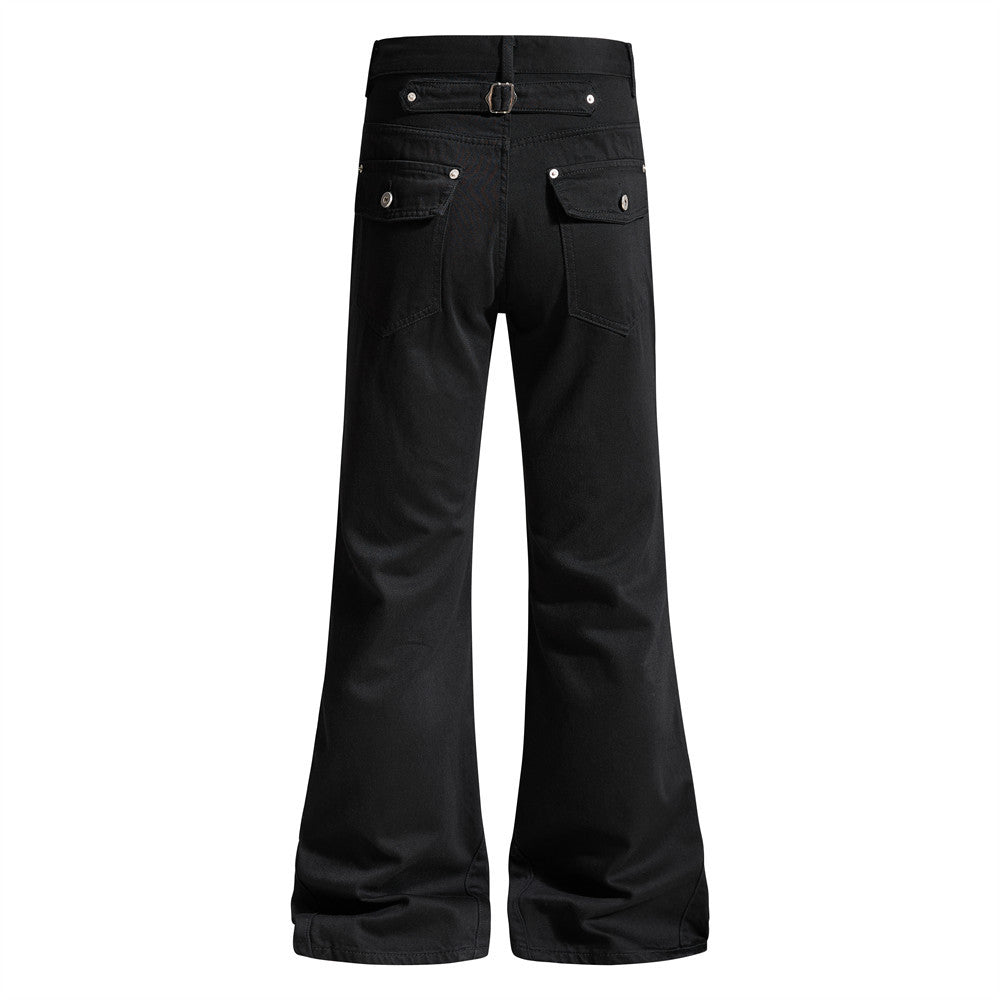 Men Black Denim Pants — Mid Waist Wide-Leg Street Fashion Jeans