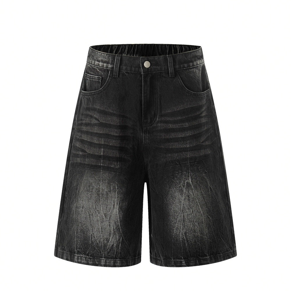 Used Washed Denim Shorts for Men — Loose Fit Mid-Length (Black, Blue)