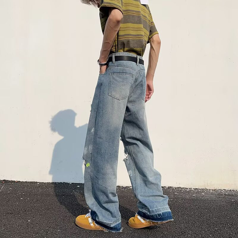 Retro Washed Graffiti Ripped Jeans - Loose Wide Leg Pants