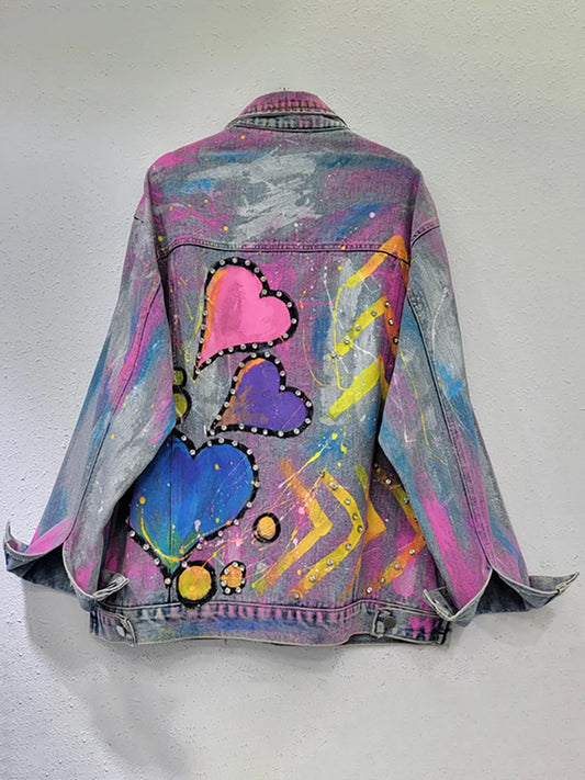 Women's Colorful Heart-Shaped Graffiti Denim Coat with Diamond Details