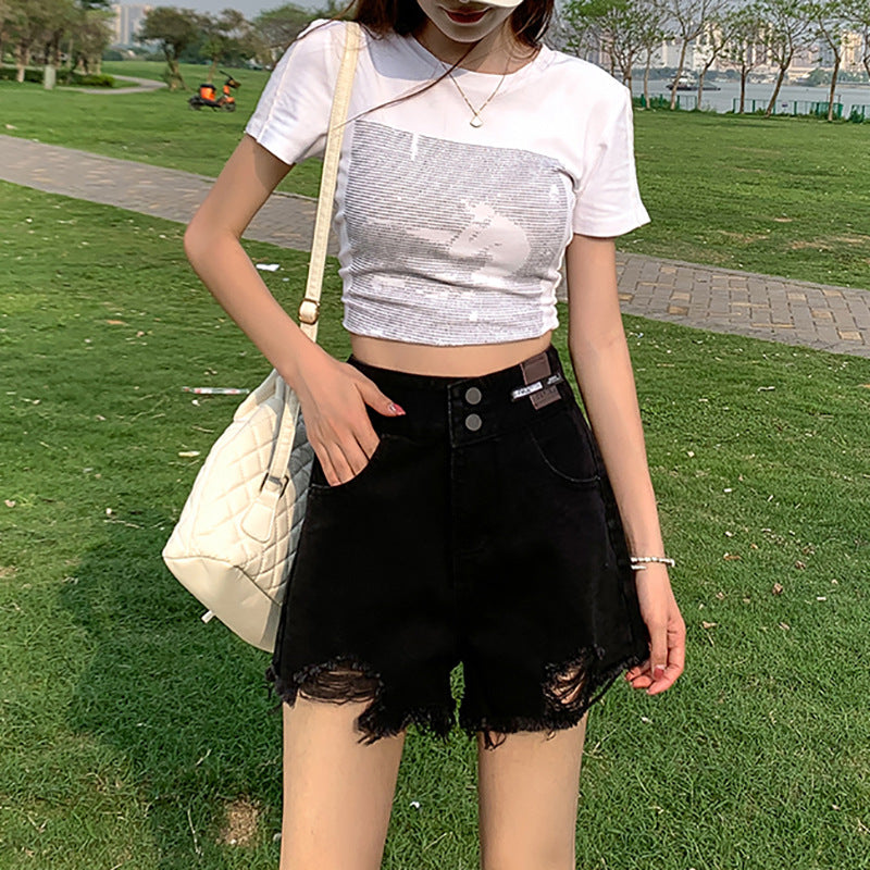 Versatile Casual High-Waisted Double-Button Denim Shorts for Women