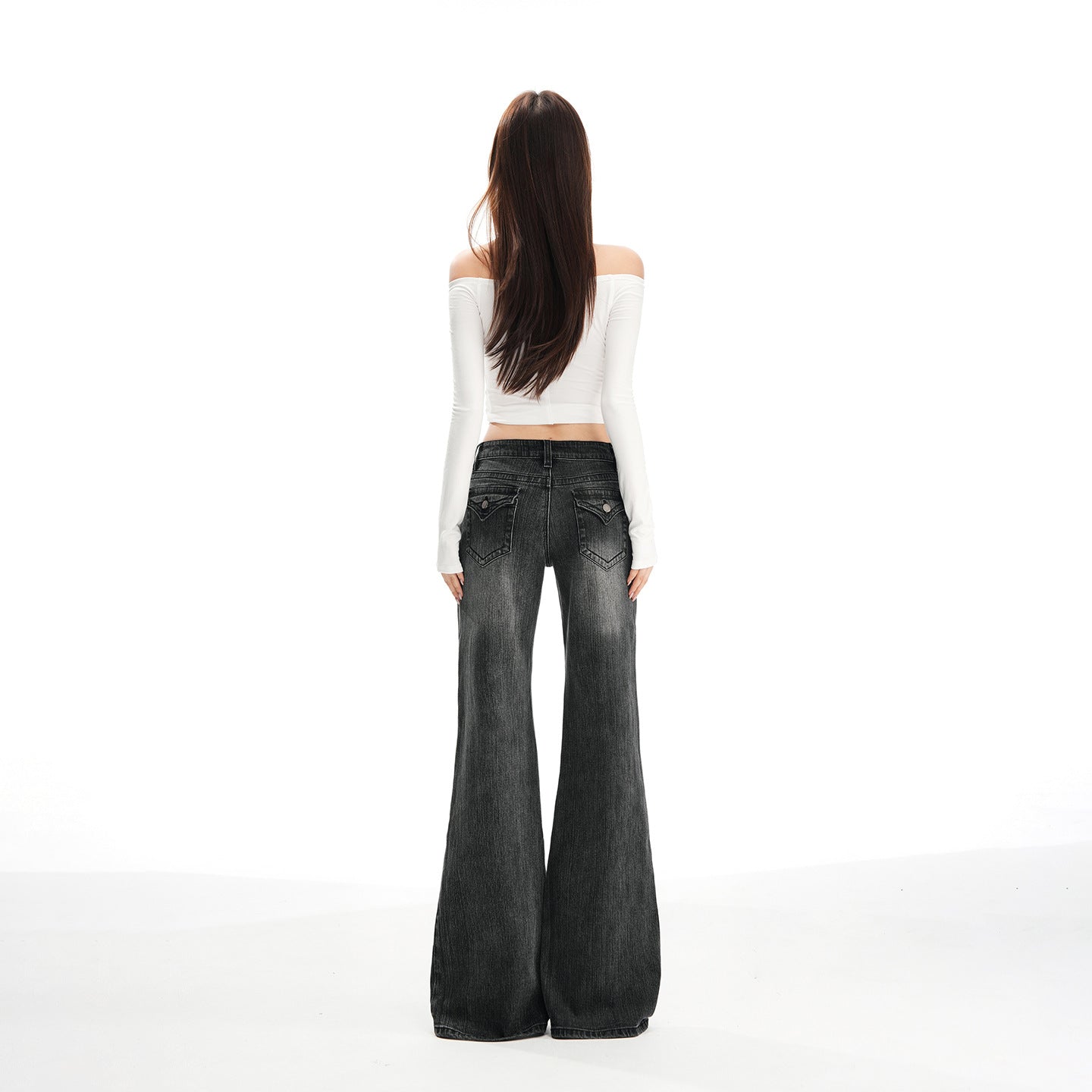Women's Black and Gray Low Waist Flared Denim Pants