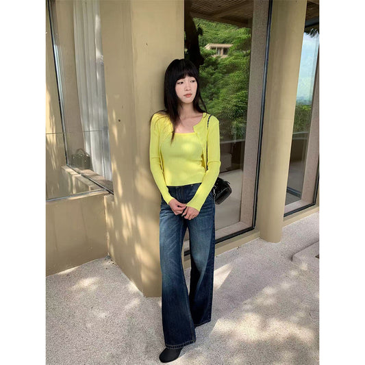 Design Sense Topstitching Wide Leg Jeans - Women's Retro High Street Versatile Pants