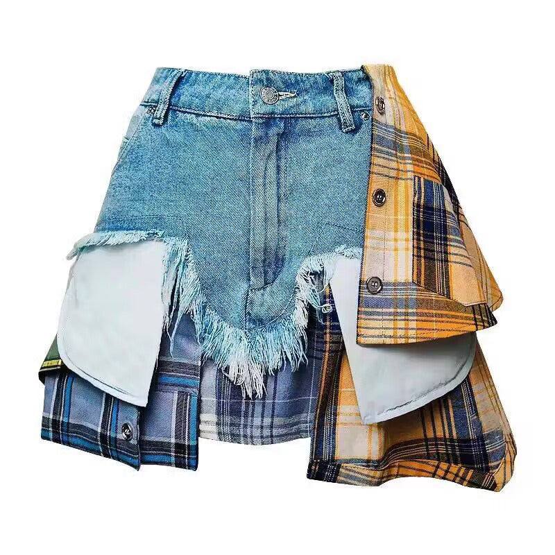 Women's Summer Denim Skirt - Irregular Plaid High Waisted Short Skirt