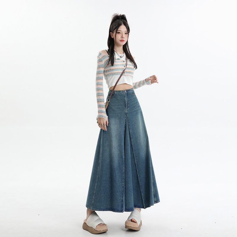 Women's Denim A-Line Midi Skirt with Spliced Design