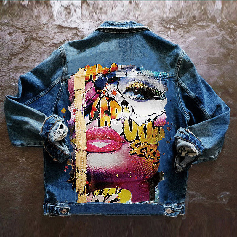 Women's Sexy Lady Pattern Lapel Denim Jacket