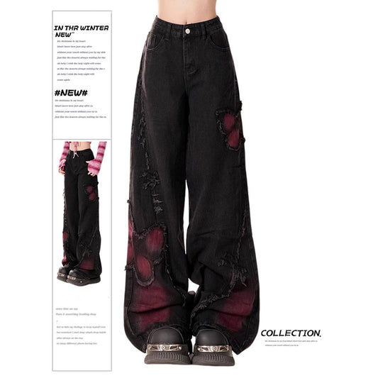 Washed Distressed Wide Leg Pants with Butterfly Pattern