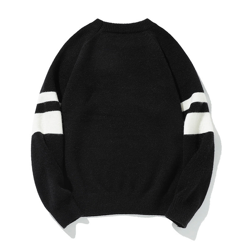 Color-Block Jacquard Round Neck Pullover Sweater for Men - Japanese Loose Retro Knitwear